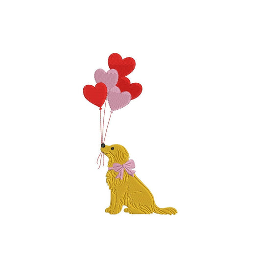 Valentine's Day Embroidery Designs: Golden Retriever with Heart Balloons Machine Embroidery File (Digital Download)