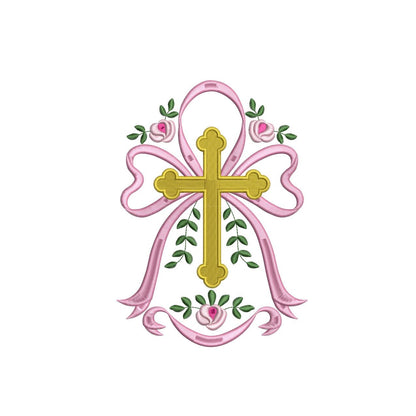 Easter Embroidery Designs: Floral Cross Embroidery Machine File of Cute Cross Embroidery Design with Ribbon Bow (DST, PES, EXP, more)