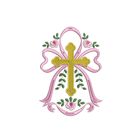 Easter Embroidery Designs: Floral Cross Embroidery Machine File of Cute Cross Embroidery Design with Ribbon Bow (DST, PES, EXP, more)