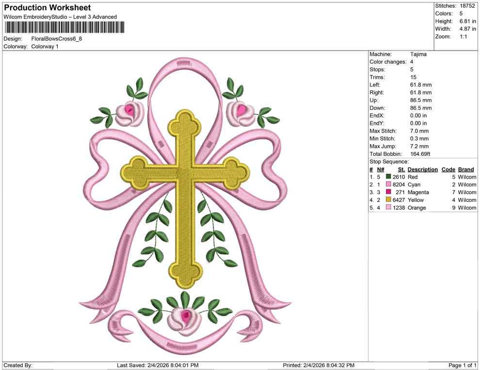 Easter Embroidery Designs: Floral Cross Embroidery Machine File of Cute Cross Embroidery Design with Ribbon Bow (DST, PES, EXP, more)