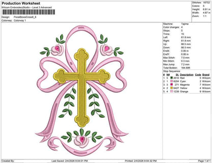 Easter Embroidery Designs: Floral Cross Embroidery Machine File of Cute Cross Embroidery Design with Ribbon Bow (DST, PES, EXP, more)