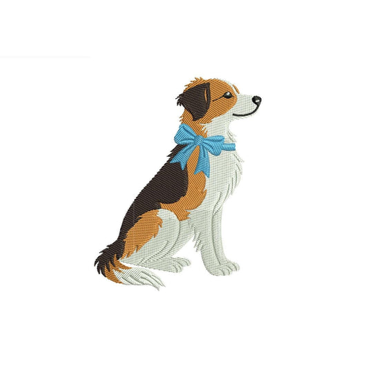 Cute Dog Embroidery Design: Tricolor Dog with Bow Machine Embroidery File Dog Embroidery File (DST, PES, JEF+) Digital Download