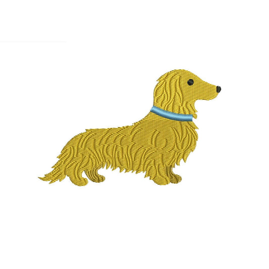 Long Hair Dachshund Dog Embroidery Design: Sitting Longhaired Dachshund Puppy with Blue Collar (Digital Download)