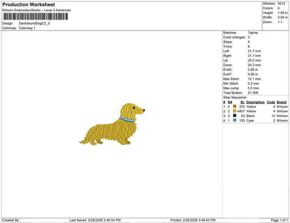 Long Hair Dachshund Dog Embroidery Design: Sitting Longhaired Dachshund Puppy with Blue Collar (Digital Download)