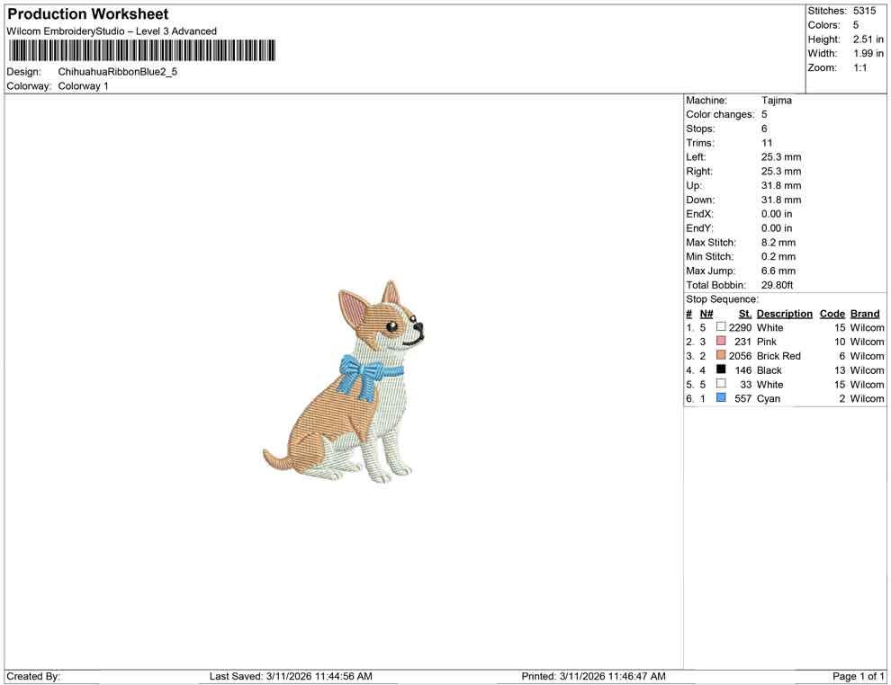 Chihuahua Embroidery Designs: Dog Embroidery File Cute Puppy with Blue Bow Embroidery Machine File (Digital Download)