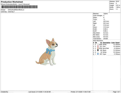 Chihuahua Embroidery Designs: Dog Embroidery File Cute Puppy with Blue Bow Embroidery Machine File (Digital Download)