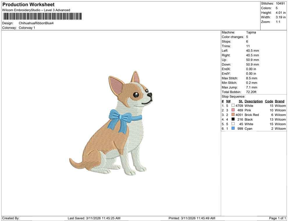 Chihuahua Embroidery Designs: Dog Embroidery File Cute Puppy with Blue Bow Embroidery Machine File (Digital Download)