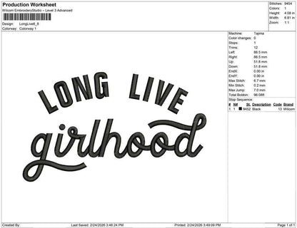 Long Live Girlhood Embroidery Design: Girls Kid Clothing Machine Embroidery File (Digital Download)