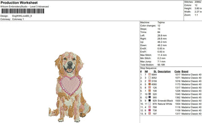 Valentine's Day Embroidery Designs: Golden Retriever with Heart Embroidery Design (Digital Download)
