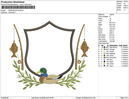 Mallard Crest Embroidery Frame: Mallard Duck Machine Embroidery File Fishing Embroidery Crest Frame File (Digital Download)