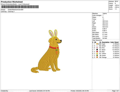 Golden Retriever Easter Embroidery Designs: Dog with Bunny Ear Machine Embroidery File Dog Embroidery File (DST, PES, JEF+) Digital Download