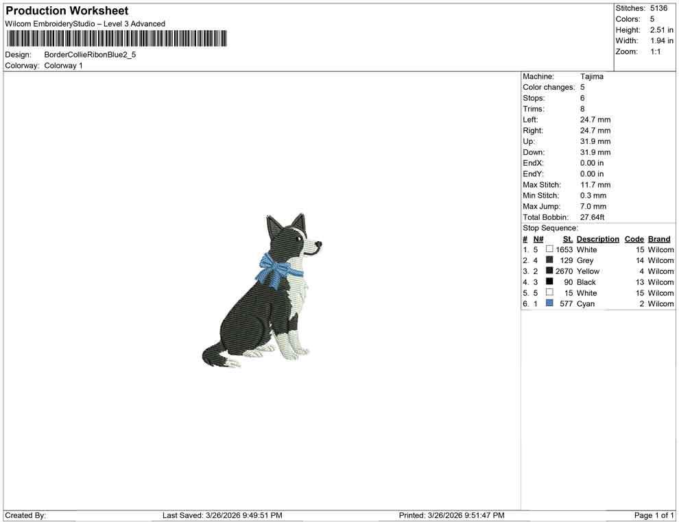 Border Collie Embroidery Designs: Dog with Bow Machine Embroidery Files Border Collie Dog Embroidery File (DST, PES, JEF+) Digital Download