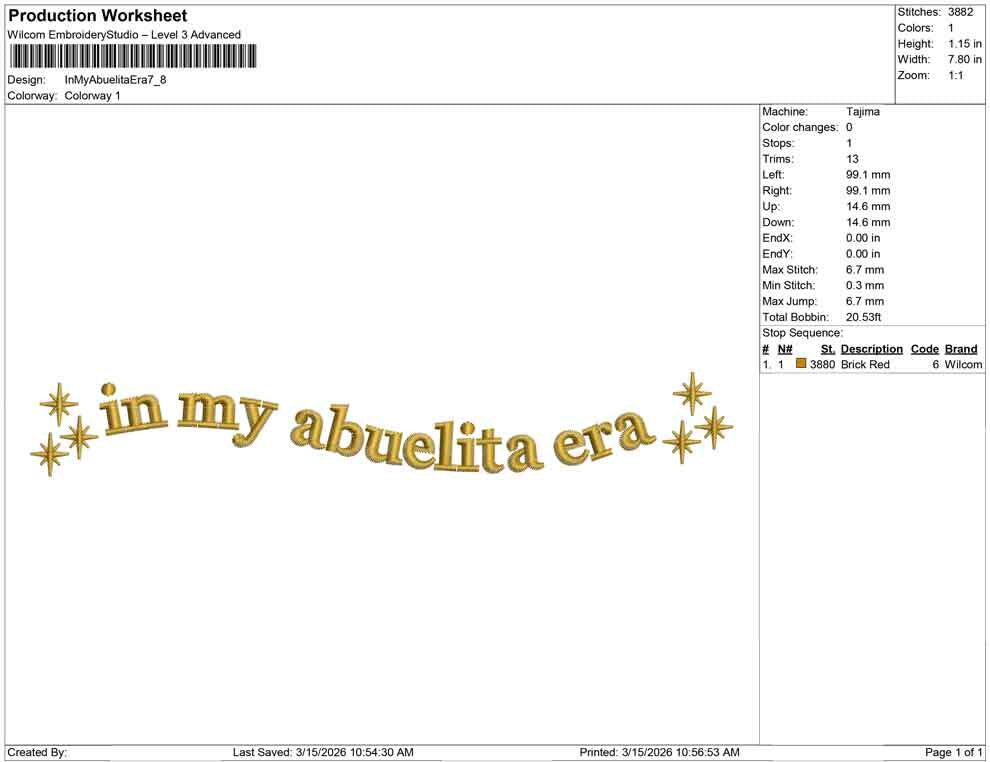 In My Abuelita Era 7.8 inch production worksheet showing 3882 stitches 1 color