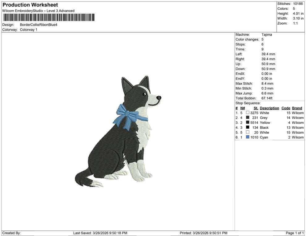 Border Collie Embroidery Designs: Dog with Bow Machine Embroidery Files Border Collie Dog Embroidery File (DST, PES, JEF+) Digital Download