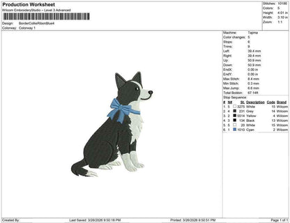 Border Collie Embroidery Designs: Dog with Bow Machine Embroidery Files Border Collie Dog Embroidery File (DST, PES, JEF+) Digital Download