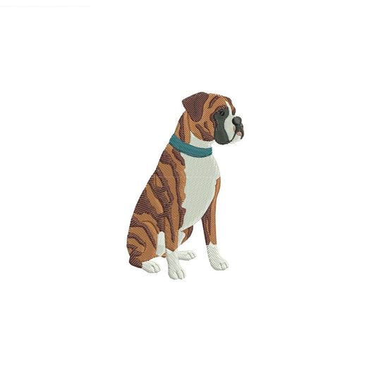 May include: An embroidered Boxer dog design. The dog is depicted in a seated position, with a brown and white coat, a black muzzle, and a teal collar. The design is set against a white background.