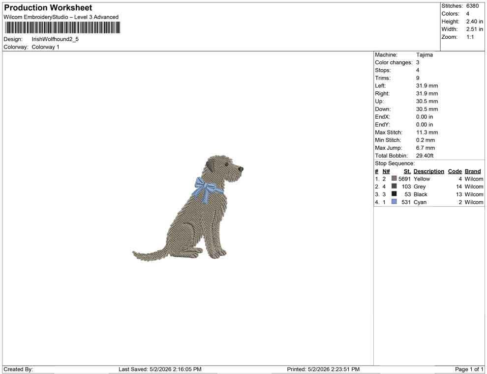 Shaggy Irish Wolfhound Embroidery Designs: Shaggy Dog with Blue Bow Machine Embroidery File Wolfhound Embroidery File (DST, PES, JEF+)