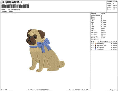 Pug Embroidery Design: Dog with Bow Machine Embroidery File Dog Embroidery File (DST, PES, JEF, More) Digital Download