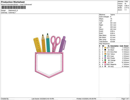 School Embroidery Design: Pocket with Pencils Scissors Ruler Pen Machine Embroidery File Teacher Pocket Embroidery (DST, PES, JEF, More)
