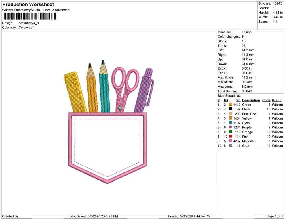 School Embroidery Design: Pocket with Pencils Scissors Ruler Pen Machine Embroidery File Teacher Pocket Embroidery (DST, PES, JEF, More)