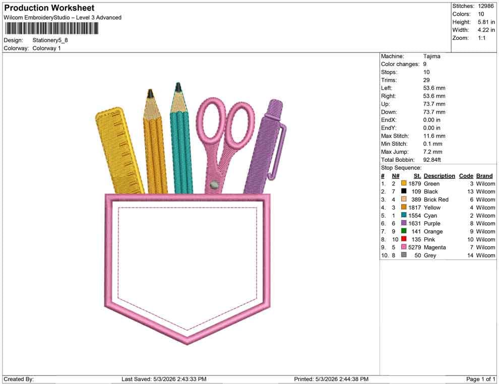 School Embroidery Design: Pocket with Pencils Scissors Ruler Pen Machine Embroidery File Teacher Pocket Embroidery (DST, PES, JEF, More)