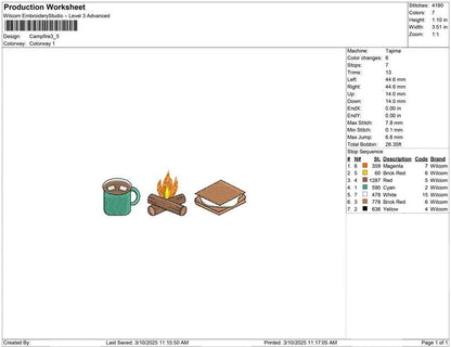 Camping Trip Embroidery Designs: Campfire, Smores, Hot Cocoa Machine Embroidery Files (PES DST EXP+) Instant Digital Download
