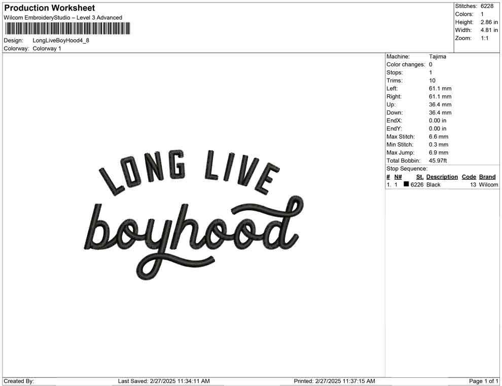 Long Live Boyhood Embroidery Design: Kid Clothing Machine Embroidery File Boy Embroidery Designs (Digital Download) PES DST EXP+