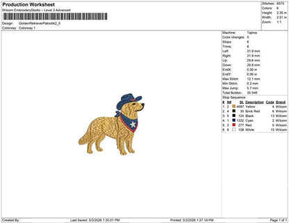 Patriotic Golden Retriever Embroidery Designs: Cowboy Dog Machine Embroidery File 4th of July Puppy Embroidery File (DST, PES, JEF+) Digital