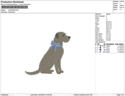 Shaggy Irish Wolfhound Embroidery Designs: Shaggy Dog with Blue Bow Machine Embroidery File Wolfhound Embroidery File (DST, PES, JEF+)