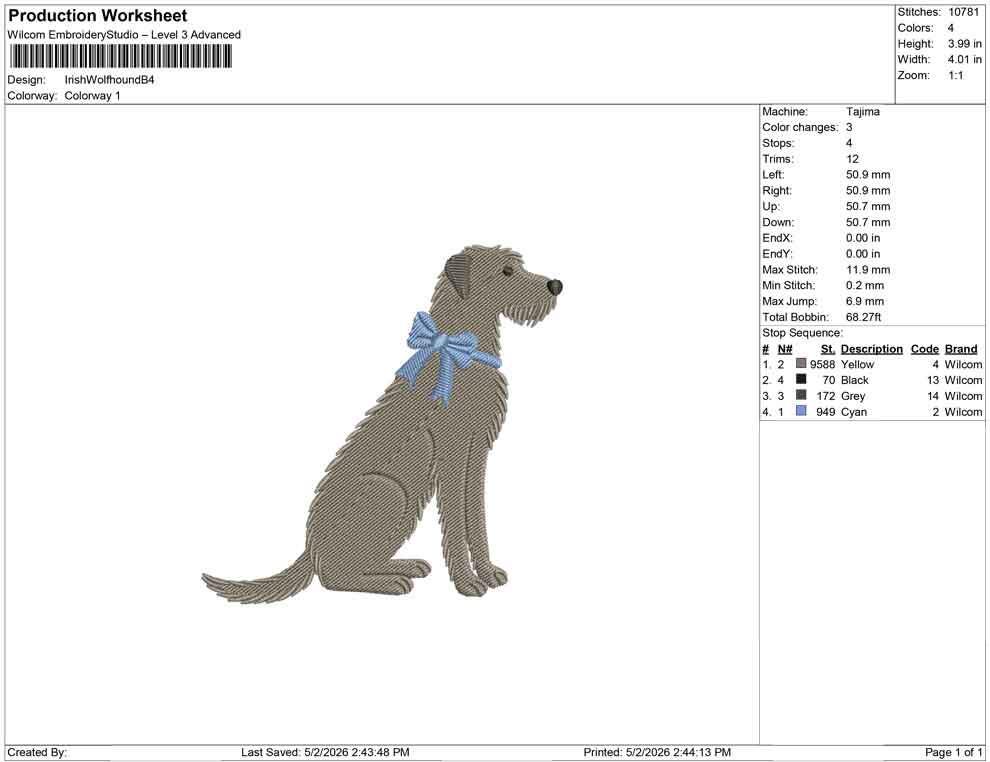 Irish Wolfhound Embroidery Design: Dog with Blue Bow Machine Embroidery File Dog Embroidery Design (DST, PES, JEF, More) Digital Download