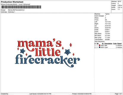 4th of July Machine Embroidery Design: Mama’s Little Firecracker Embroidery Design Patriotic Baby Shirt File PES DST JEF+ (Digital Download)