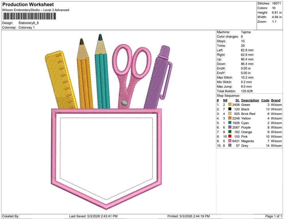 School Embroidery Design: Pocket with Pencils Scissors Ruler Pen Machine Embroidery File Teacher Pocket Embroidery (DST, PES, JEF, More)
