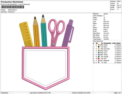 School Embroidery Design: Pocket with Pencils Scissors Ruler Pen Machine Embroidery File Teacher Pocket Embroidery (DST, PES, JEF, More)