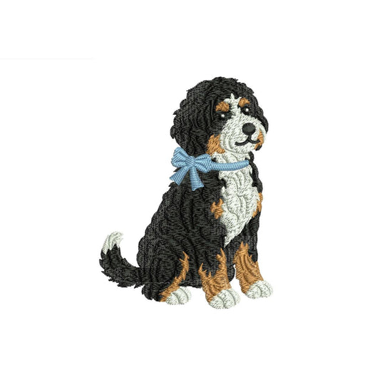 Bernedoodle Embroidery Designs: Curly Bernedoodle Dog Machine Embroidery File Puppy with Blue Bow Embroidery Design (Digital Download)