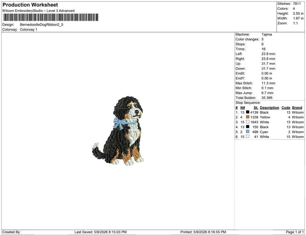 Bernedoodle Embroidery Designs: Curly Bernedoodle Dog Machine Embroidery File Puppy with Blue Bow Embroidery Design (Digital Download)