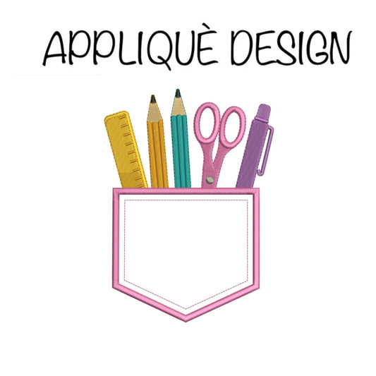 School Embroidery Design: Pocket with Pencils Scissors Ruler Pen Machine Embroidery File Teacher Pocket Embroidery (DST, PES, JEF, More)