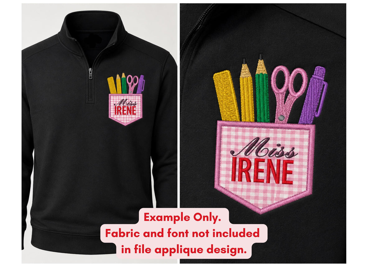 School Embroidery Design: Pocket with Pencils Scissors Ruler Pen Machine Embroidery File Teacher Pocket Embroidery (DST, PES, JEF, More)
