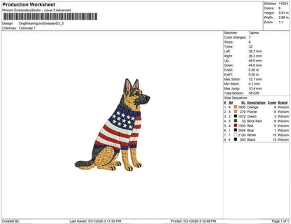 Patriotic German Shepherd Embroidery Designs: Sweater Dog Machine Embroidery Files 4th of July K9 Embroidery File DST, PES, JEF+