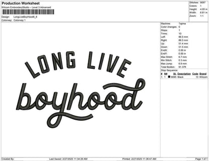 Long Live Boyhood Embroidery Design: Kid Clothing Machine Embroidery File Boy Embroidery Designs (Digital Download) PES DST EXP+