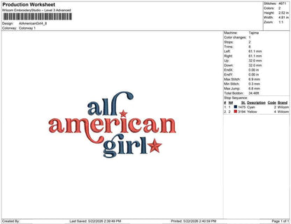 4th of July Embroidery Designs: All American Girl Embroidery Design Patriotic Machine Embroidery File PES DST JEF+ Instant Digital Download