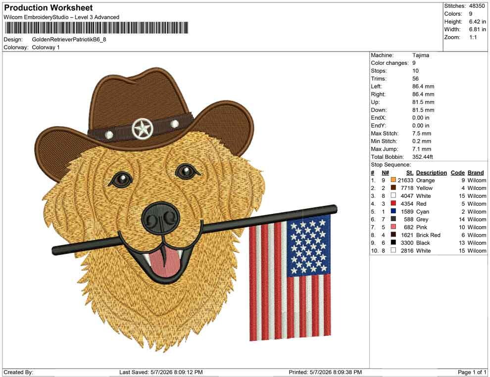 Patriotic Golden Retriever Embroidery Designs: Cowboy Dog Machine Embroidery File 4th of July Puppy Flag Embroidery File (DST, PES, JEF+)