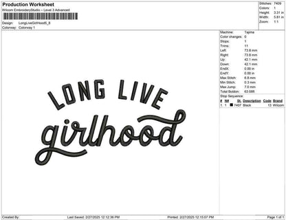 Long Live Girlhood Embroidery Designs: Girls Coquette Quote Machine Embroidery Files PES DST JEF+ Girl Embroidery Design (Digital Download)