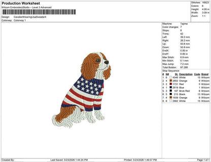 Patriotic Cavalier King Charles Spaniel Embroidery Designs: Sweater Dog Machine Embroidery File KCC Embroidery File (DST, PES+)