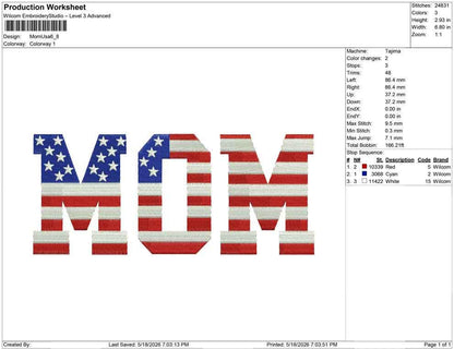 Mom Embroidery Designs: American Flag Mom Machine Embroidery File for Patriotic Mother (PES DST JEF+) Instant Digital Download