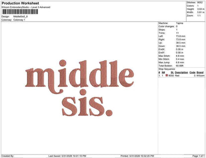 Middle Sister Embroidery Designs: Sibling Gift, Baby Announcement Family Machine Embroidery Files (Instant Digital Download) PES JEF DST+