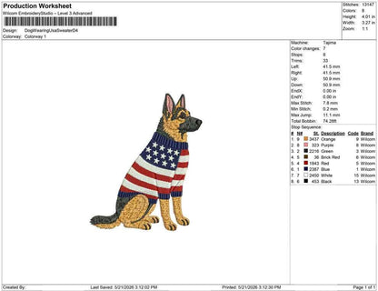 Patriotic German Shepherd Embroidery Designs: Sweater Dog Machine Embroidery Files 4th of July K9 Embroidery File DST, PES, JEF+