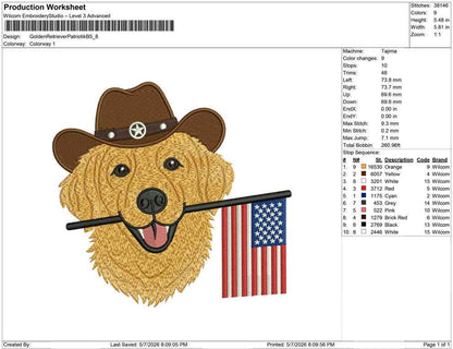 Patriotic Golden Retriever Embroidery Designs: Cowboy Dog Machine Embroidery File 4th of July Puppy Flag Embroidery File (DST, PES, JEF+)