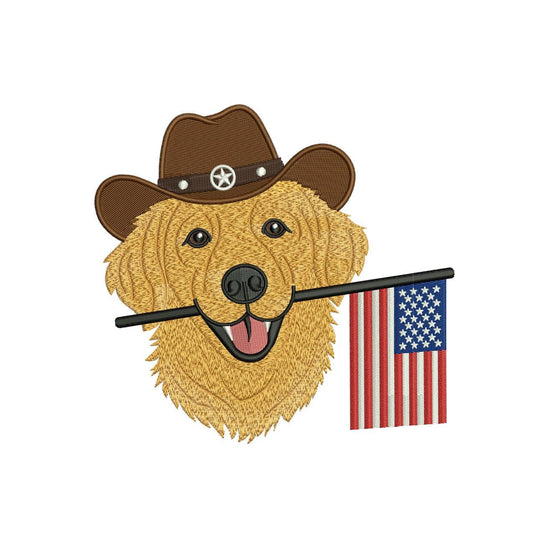 Patriotic Golden Retriever Embroidery Designs: Cowboy Dog Machine Embroidery File 4th of July Puppy Flag Embroidery File (DST, PES, JEF+)
