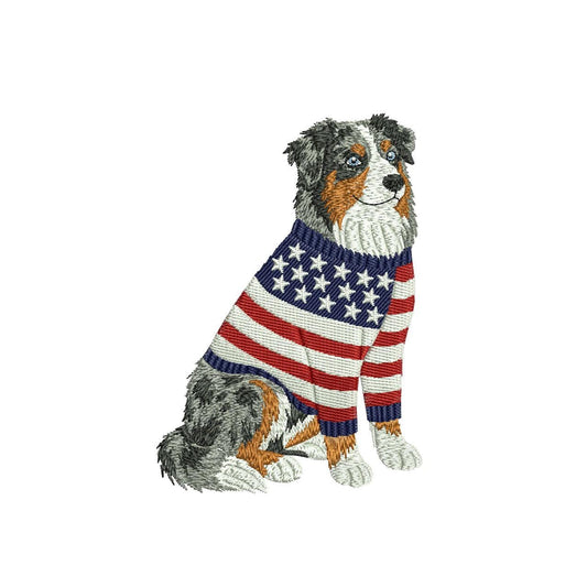 Patriotic Austrailian Shepherd Embroidery Designs: Sweater Dog Machine Embroidery File 4th of July Embroidery File (DST, PES, JEF+) Digital