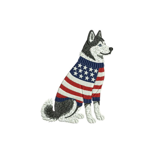 Patriotic Husky Embroidery Designs: Sweater Dog Machine Embroidery File 4th of July Puppy Embroidery File (DST, PES, JEF+) Digital
